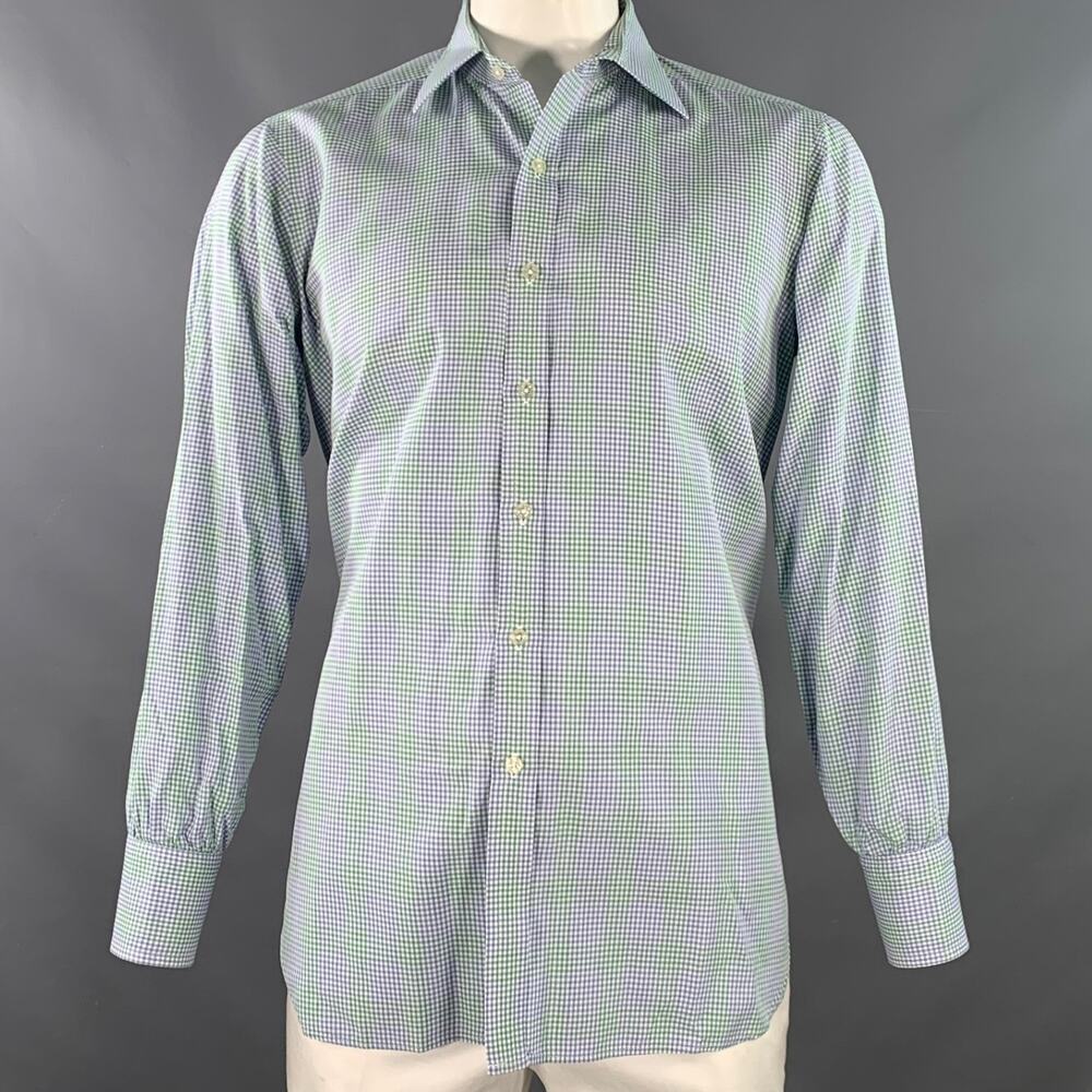 TURNBULL & ASSER Size L Green Blue Gingham Cotton Long Sleeve Shirt